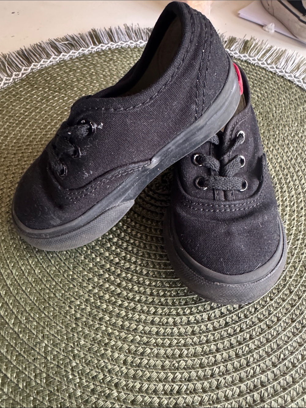 Vans Black Canvas Kids Sneakers with Red Heel Tab